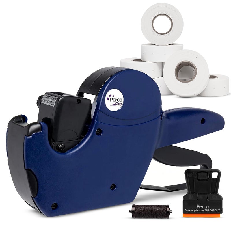Perco Pro 2 Line Date Gun Labeler Kit, Includes 16 Digits Label Gun, 10,500 White Labels, Inker Remover Tool, and Pre-Loaded Ink Roll - Image 1